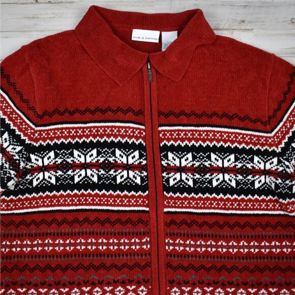 Deep red snowflake pattern soft chenille full zip cardigan sweater women's large - Picture 2 of 5